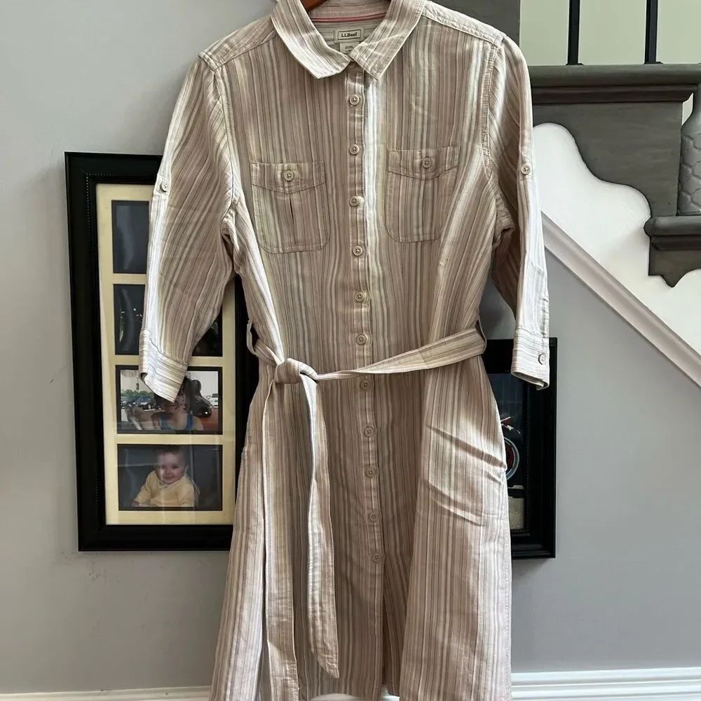 L.L. Bean Linen Blend Striped Belted Shirt Dress sz LP EUC